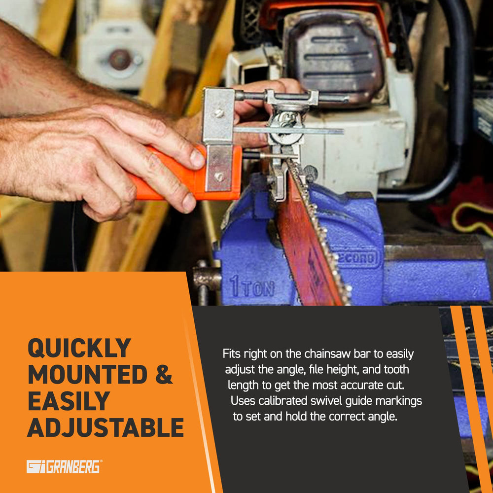 Granberg G1012XT mounted on chainsaw bar demonstrating stable clamped sharpening