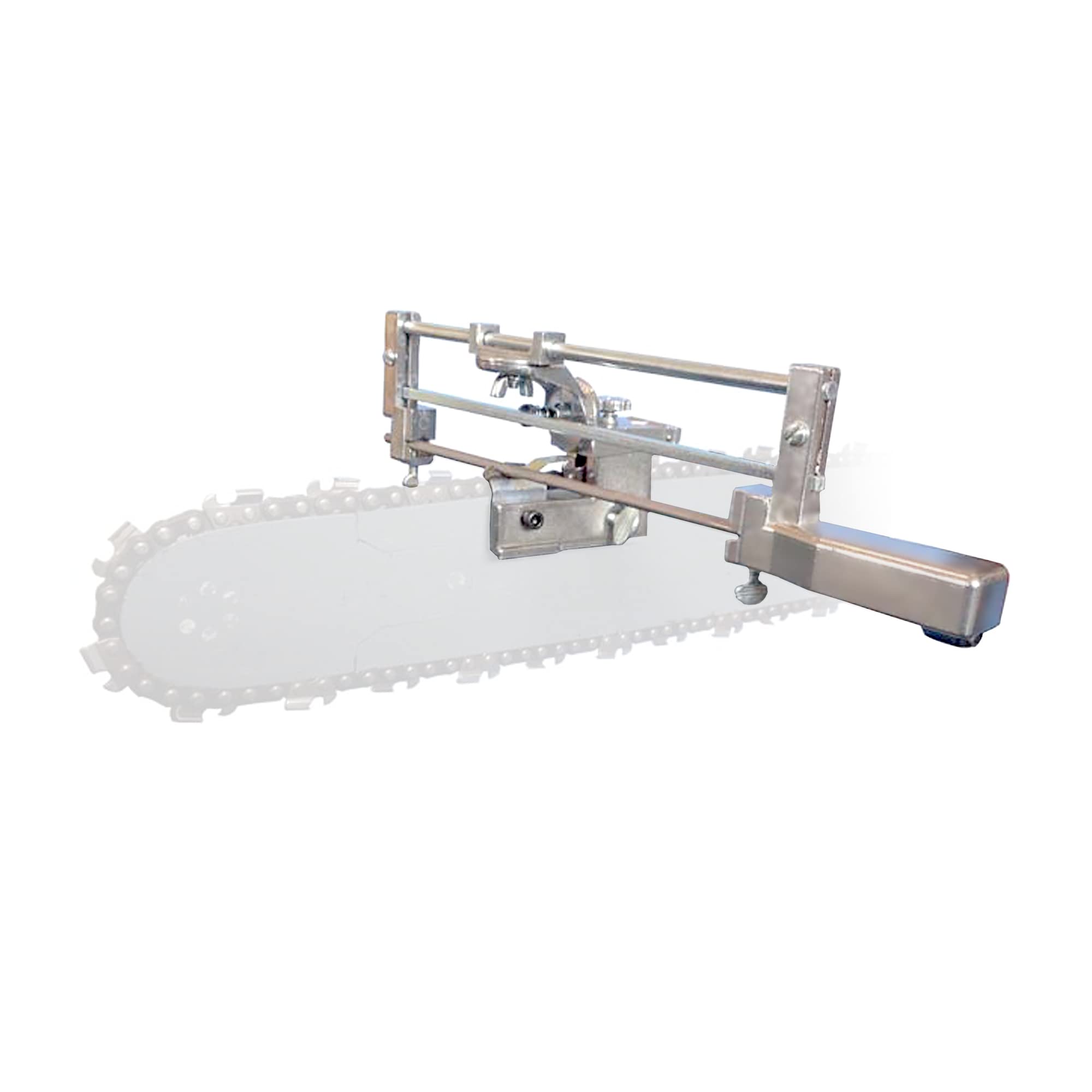 Granberg G106B front-mounted guide attached to chainsaw bar for precise sharpening