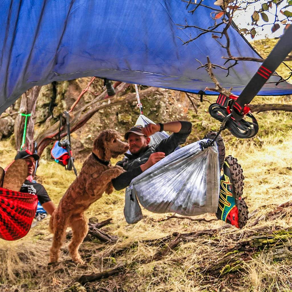 Grand Trunk straps wrapped around a tree showing daisy-chain loops for adjustable hang height