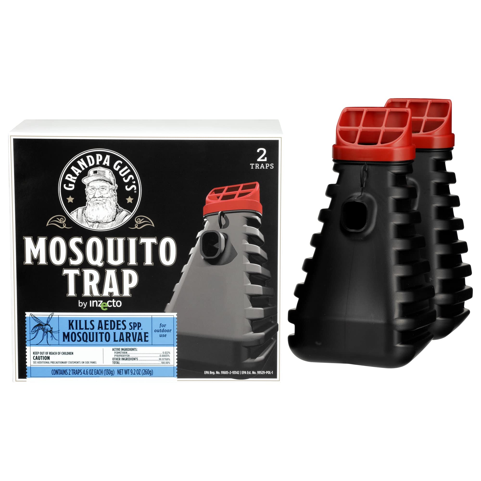 Grandpa Gus's front packaging showing two traps and product benefit protection