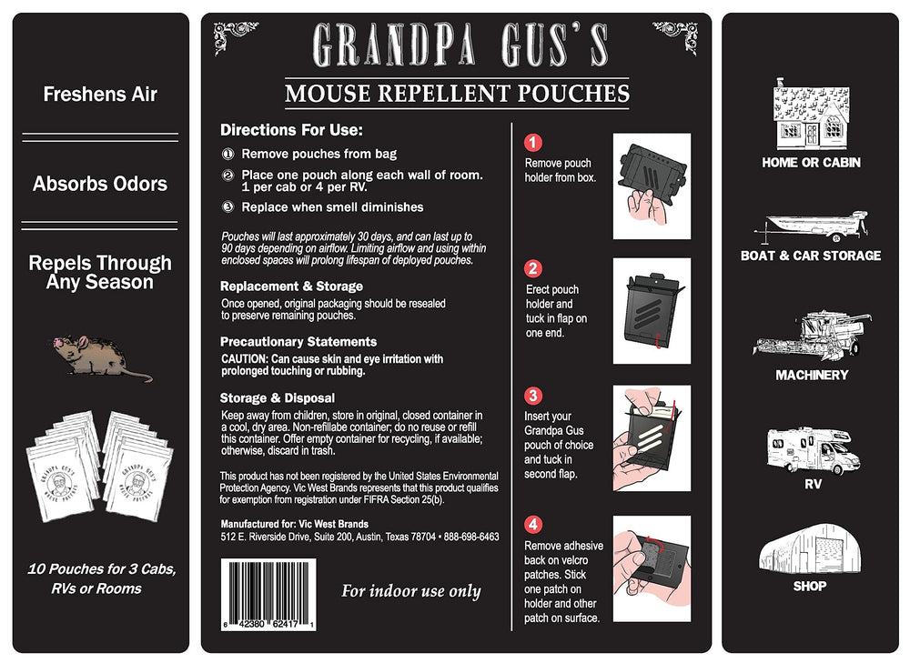 Grandpa Gus's pouches staged in a garage beside tools, practical home protection