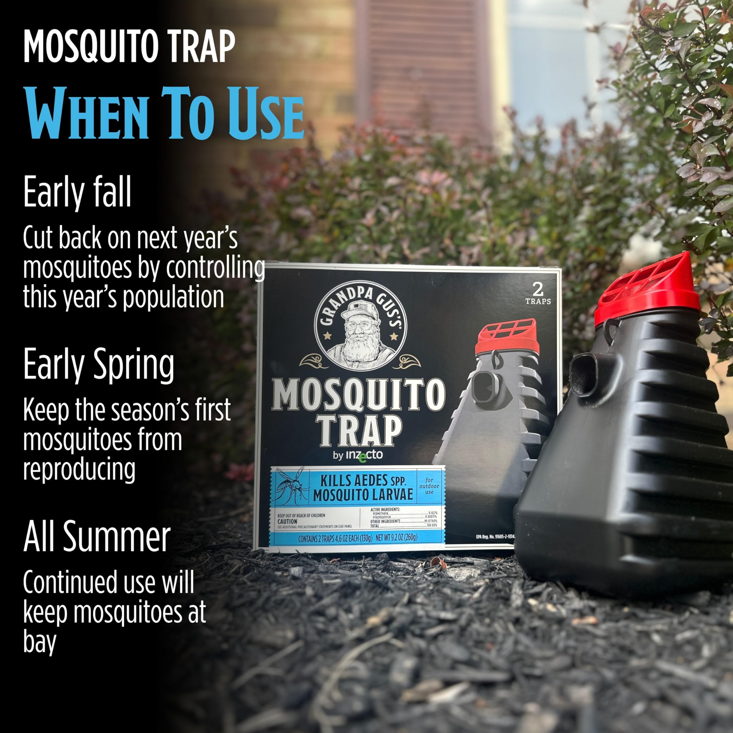 Grandpa Gus's trap placed on patio beside chair showing comfortable mosquito-free space