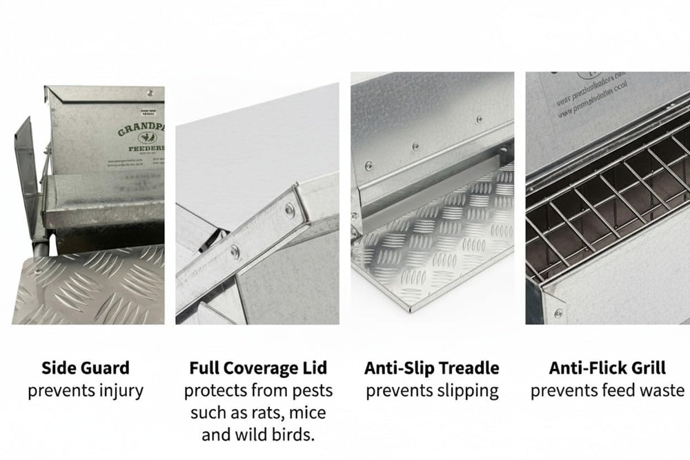 Grandpa's Feeders anti-flick grill detail reducing feed waste during feeding