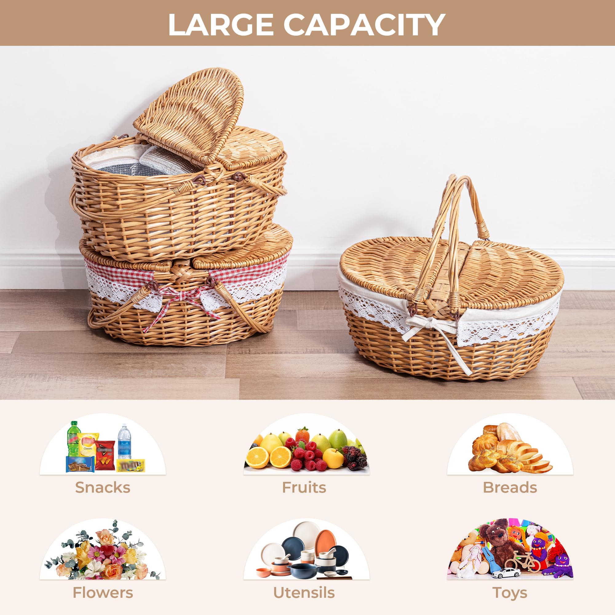 GRANNY SAYS size comparison with picnic items, conveys scale and packing versatility