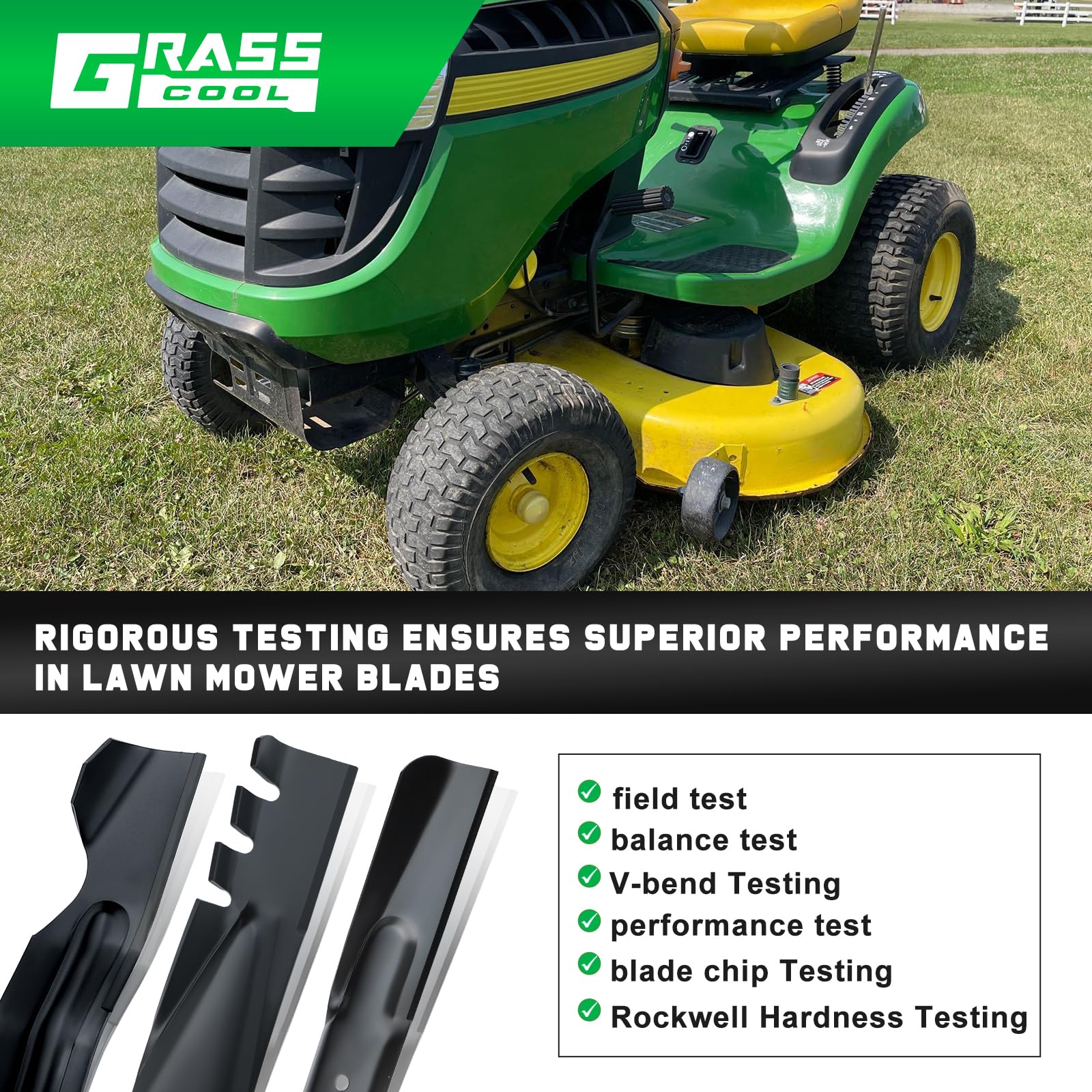 Grasscool blade next to tape measure confirming exact OEM dimensions