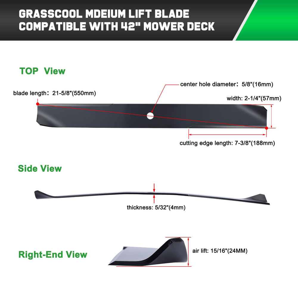 Grasscool blade next to ruler illustrating 21-5/8 inch length for accurate deck sizing