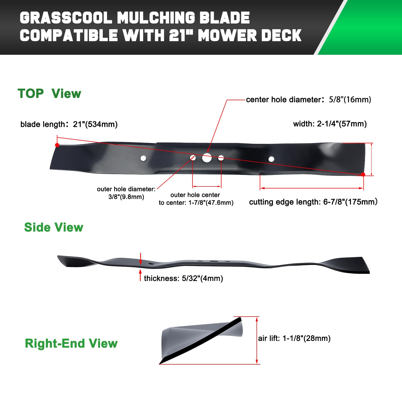 Grasscool blade beside ruler showing 21 inch length for accurate size verification