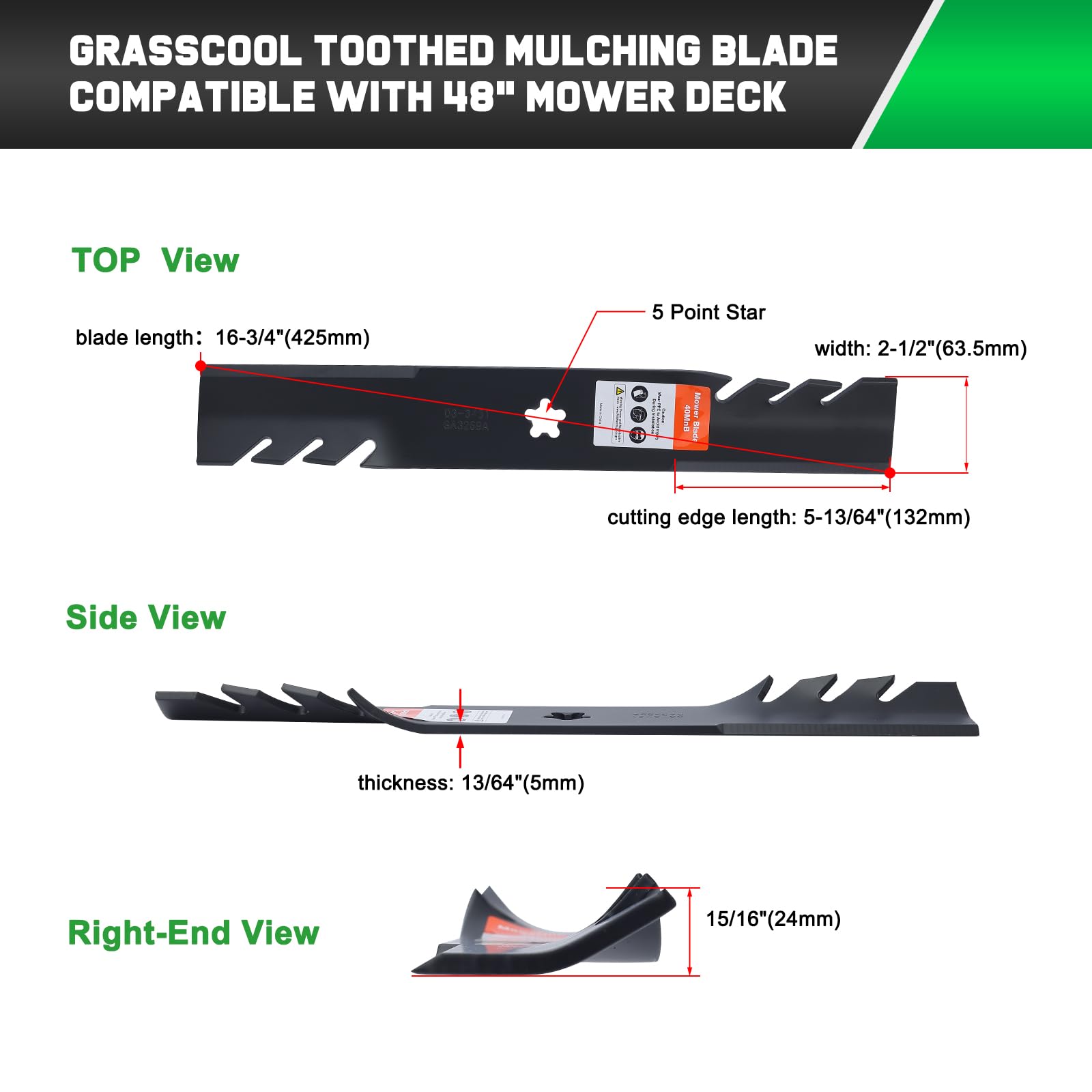 Grasscool Z248F beside ruler showing 16-3/4 inch length for size match