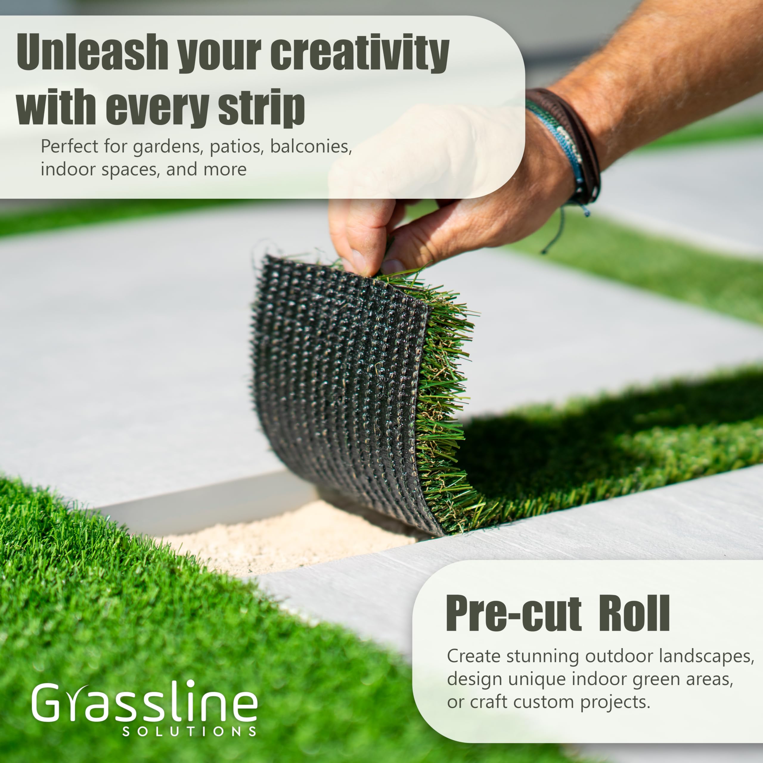 Grassline Solutions roll beside a tape measure showing 25ft length and easy planning benefit