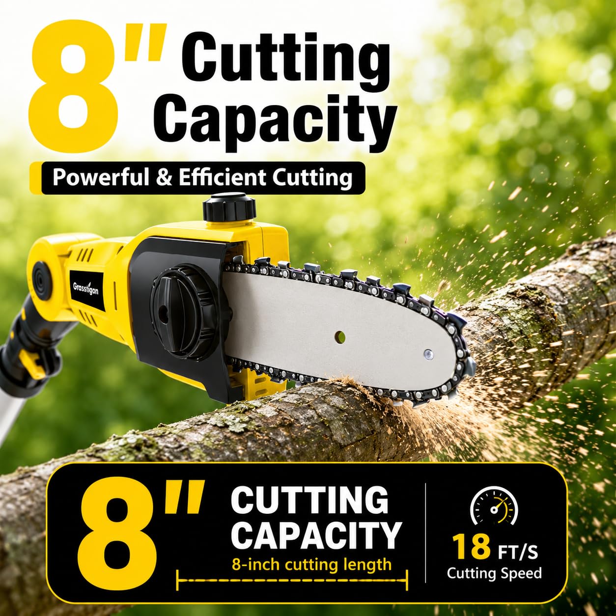 GRASSTIGON chain and bar detail highlighting automatic oiling for smoother cutting