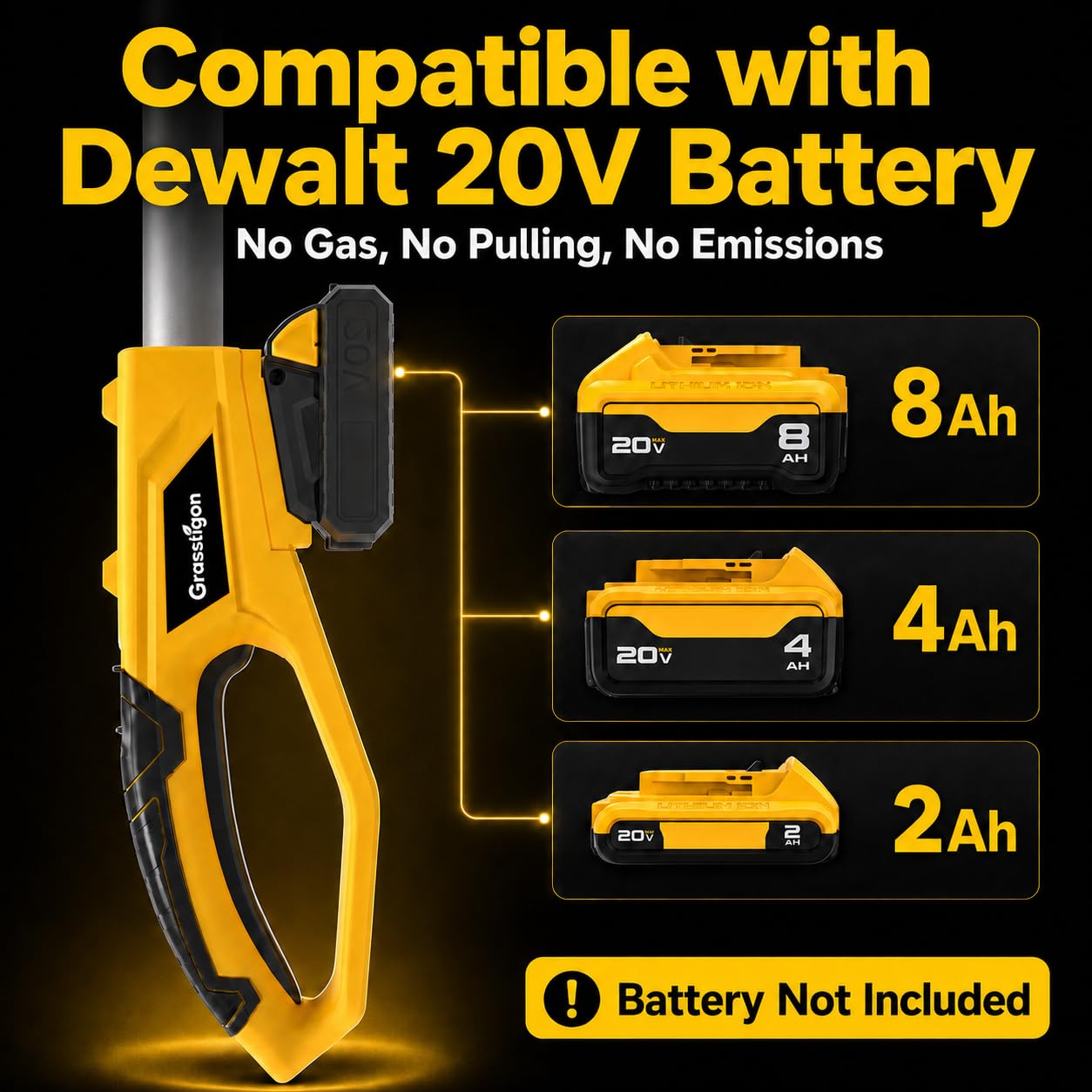 GRASSTIGON compatibility DeWalt battery slot illustrating tool-free battery swap convenience