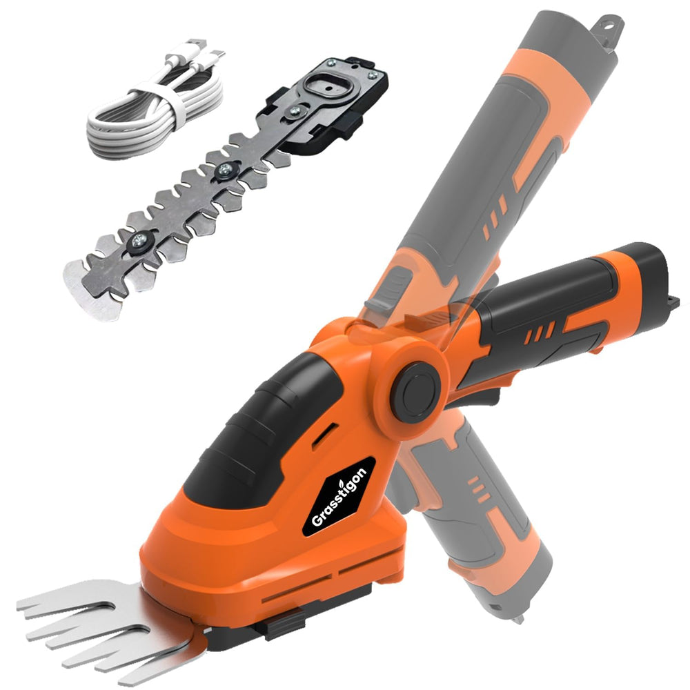 GRASSTIGON front view of orange cordless trimmer showing body and handle for easy handling