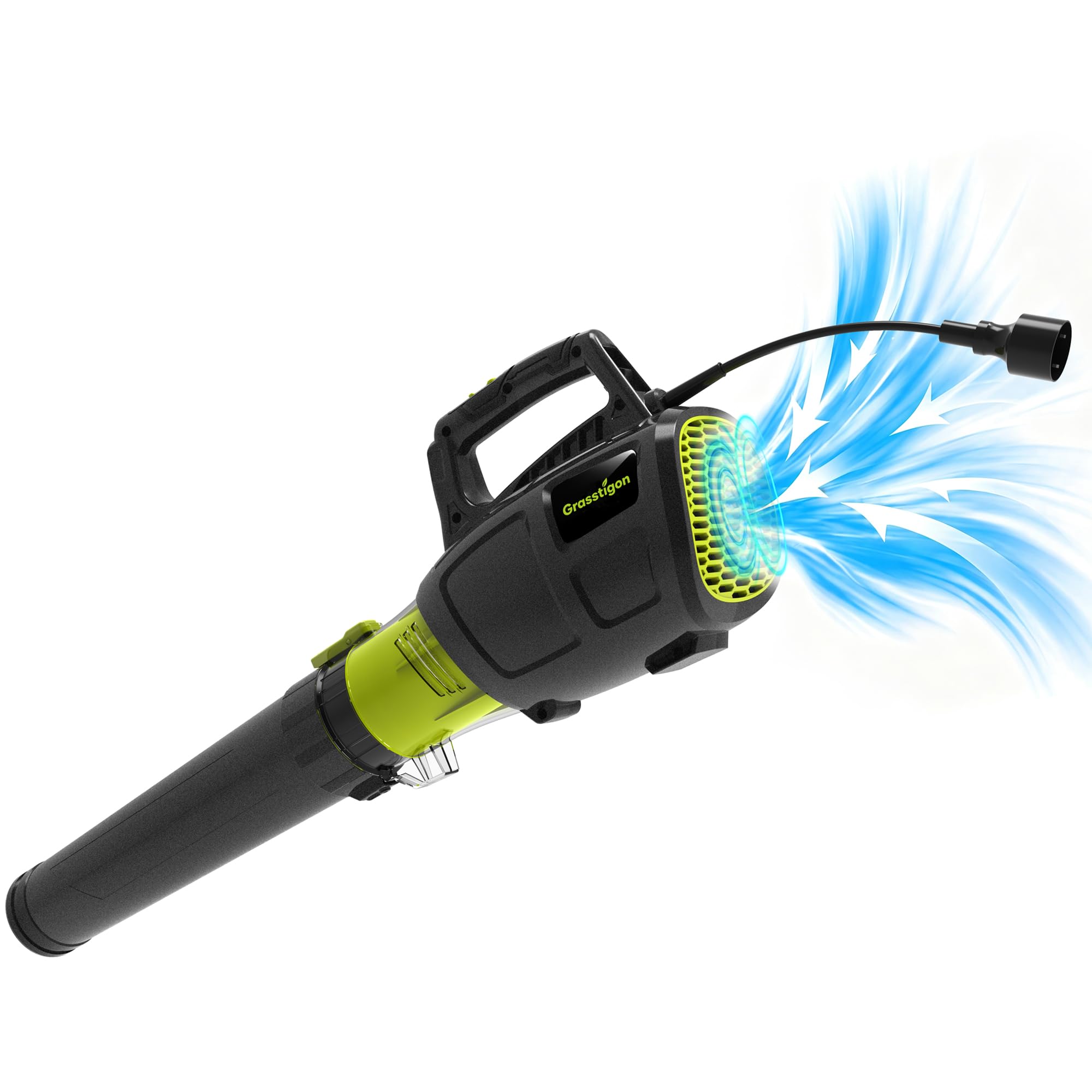 GRASSTIGON front view of blower showing compact design and immediate yard cleanup benefit