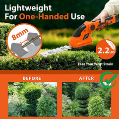 GRASSTIGON trimming a shrub to show the 6-inch hedge trimmer giving neat cuts
