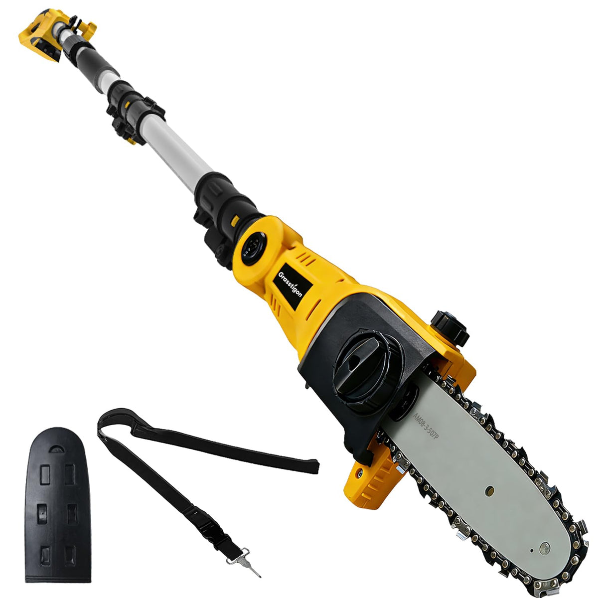 GRASSTIGON pole saw front profile showing compact design and balanced reach