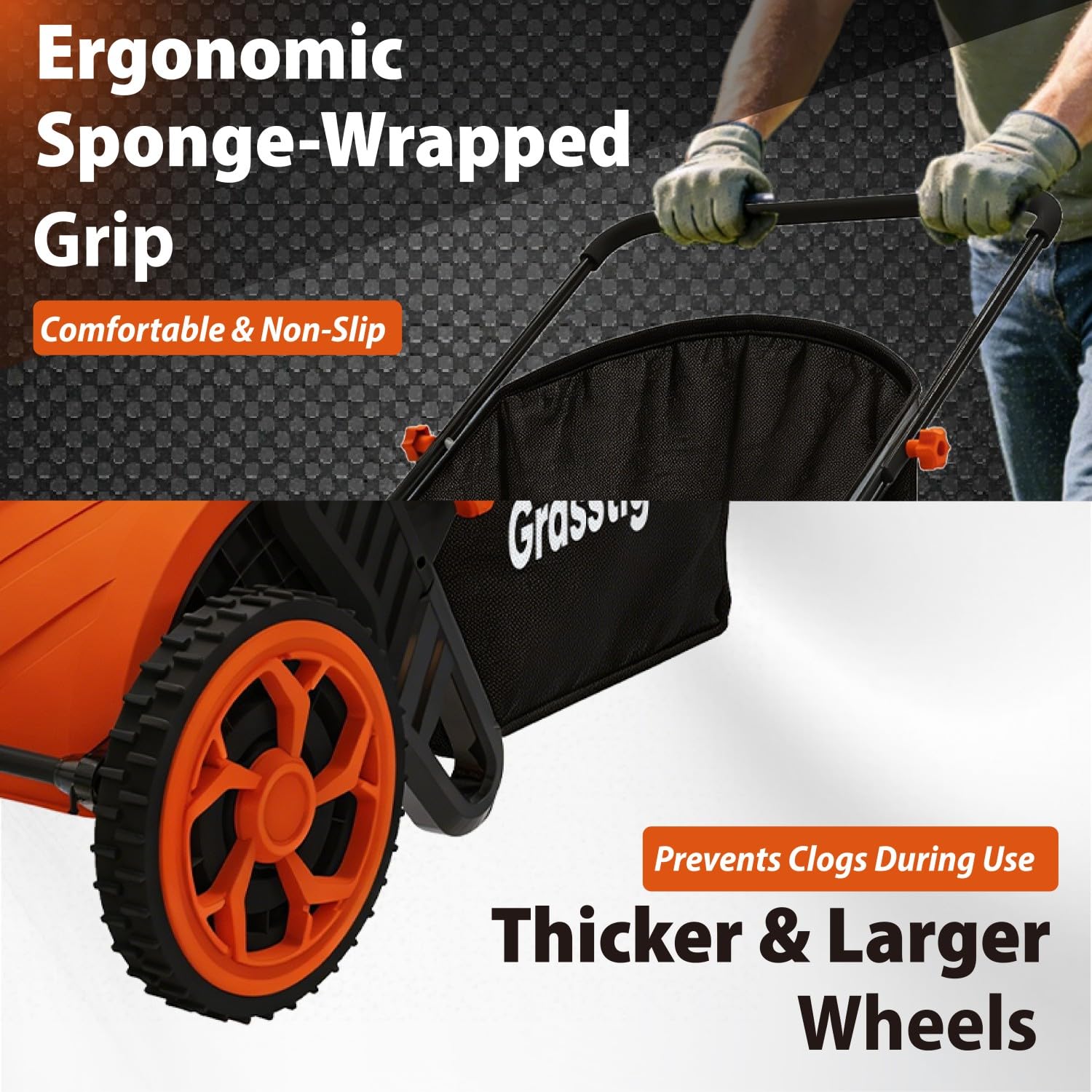 GRASSTIGON next to a rake showing time-saving and back-friendly benefit