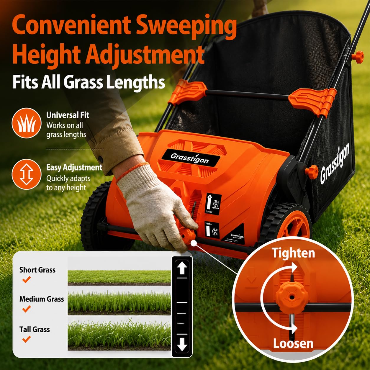 GRASSTIGON side profile on lawn showing broad 21-inch sweep advantage