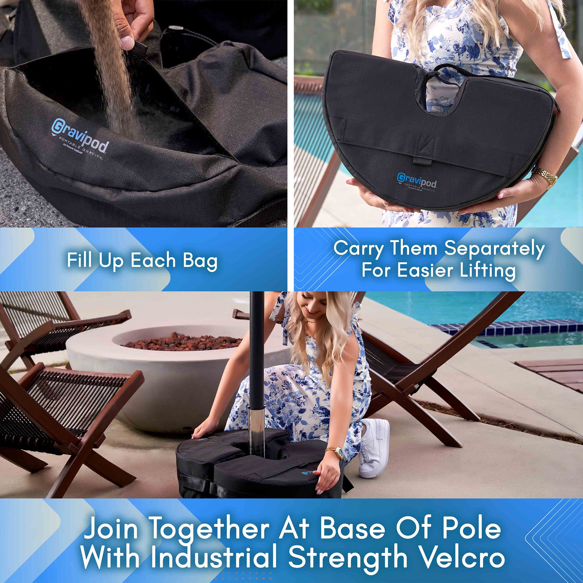 Gravipod DUO filled under umbrella demonstrating stability and reduced tipping benefit