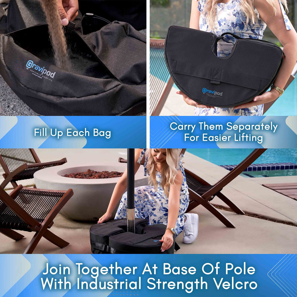 Gravipod DUO filled under umbrella demonstrating stability and reduced tipping benefit