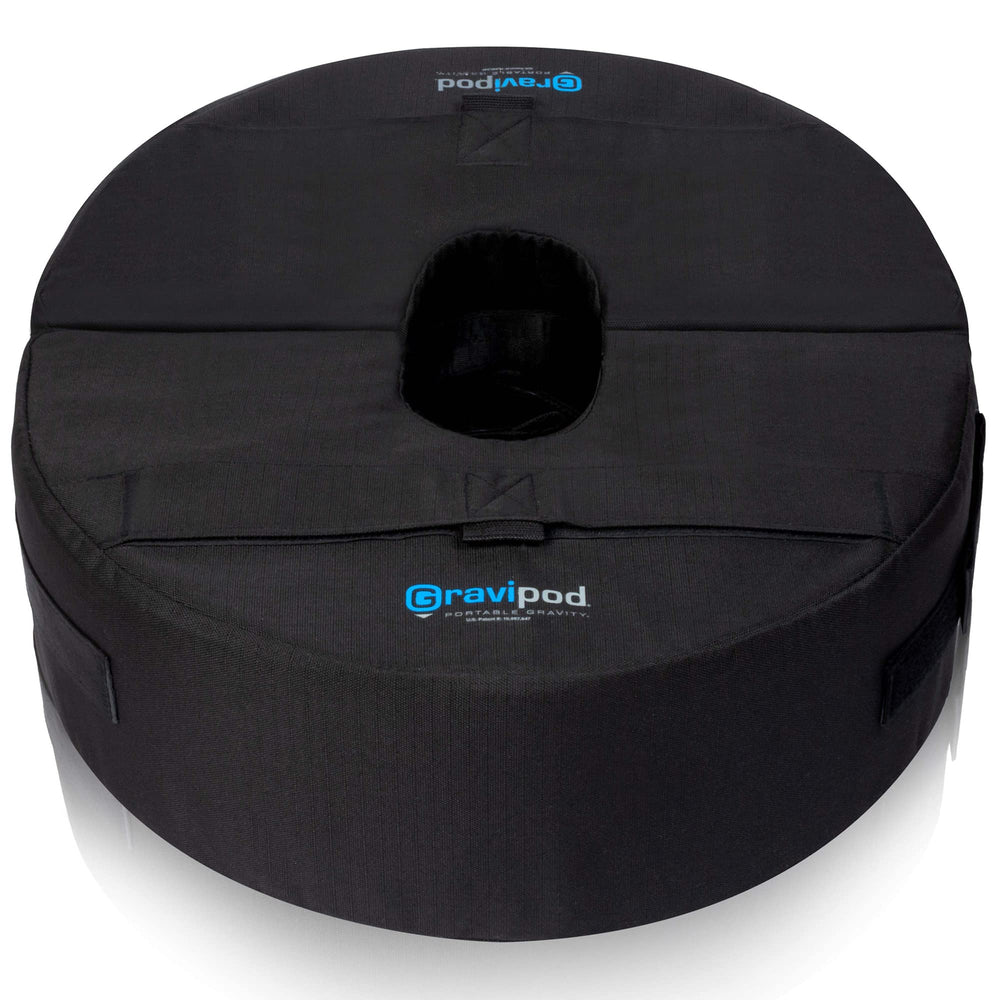 Gravipod DUO front view showing round low-profile shape and tidy patio benefit