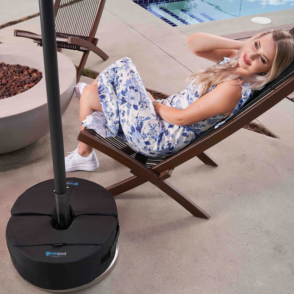 Gravipod DUO in patio lifestyle setting showing neat appearance and practical anchoring benefit