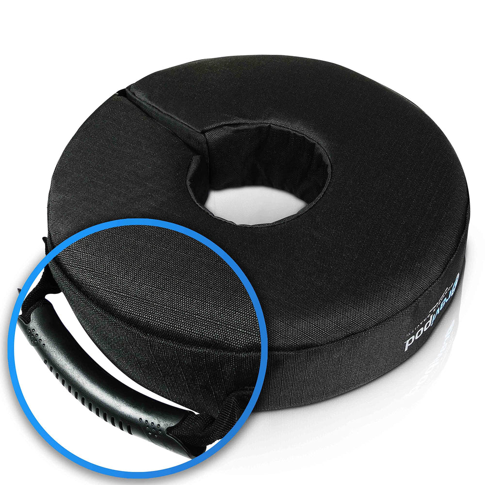 Gravipod ergonomic carry handles being lifted for comfortable transport between sites