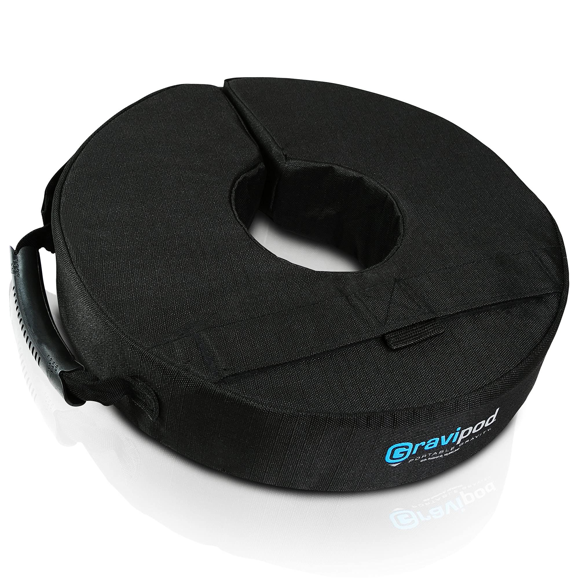 Gravipod front view showing compact 14-inch weight bag and secure closure for stability