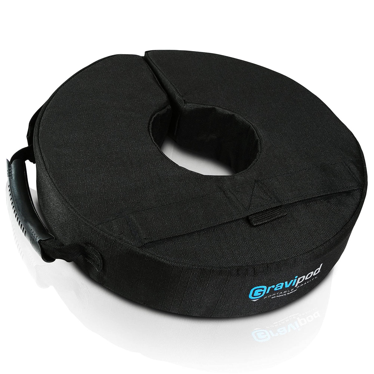 Gravipod front view showing compact 14-inch weight bag and secure closure for stability