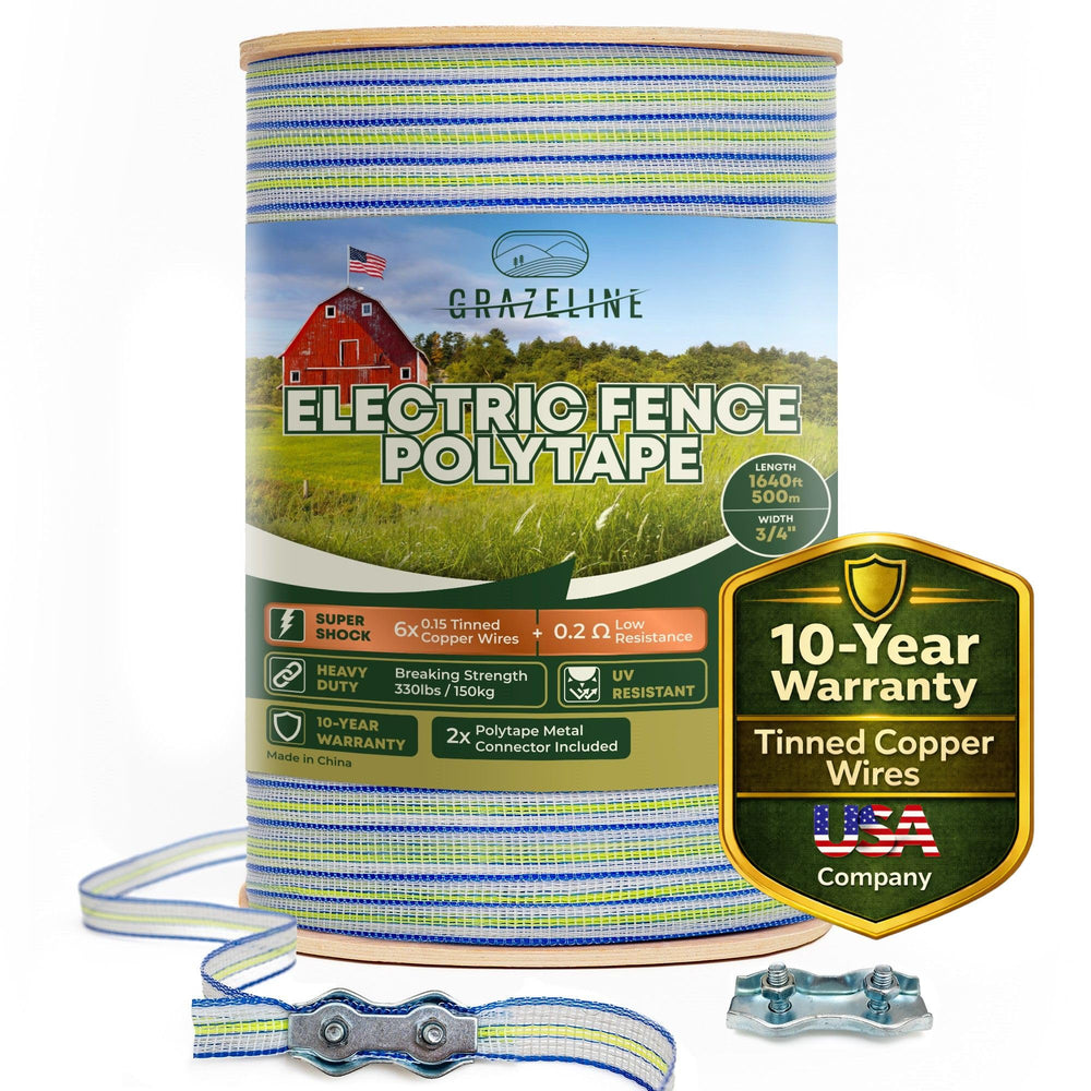 Grazeline front view of 1640 ft polytape showing tri-color pattern and spool benefit