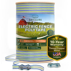 Grazeline front view of 1640 ft polytape showing tri-color pattern and spool benefit