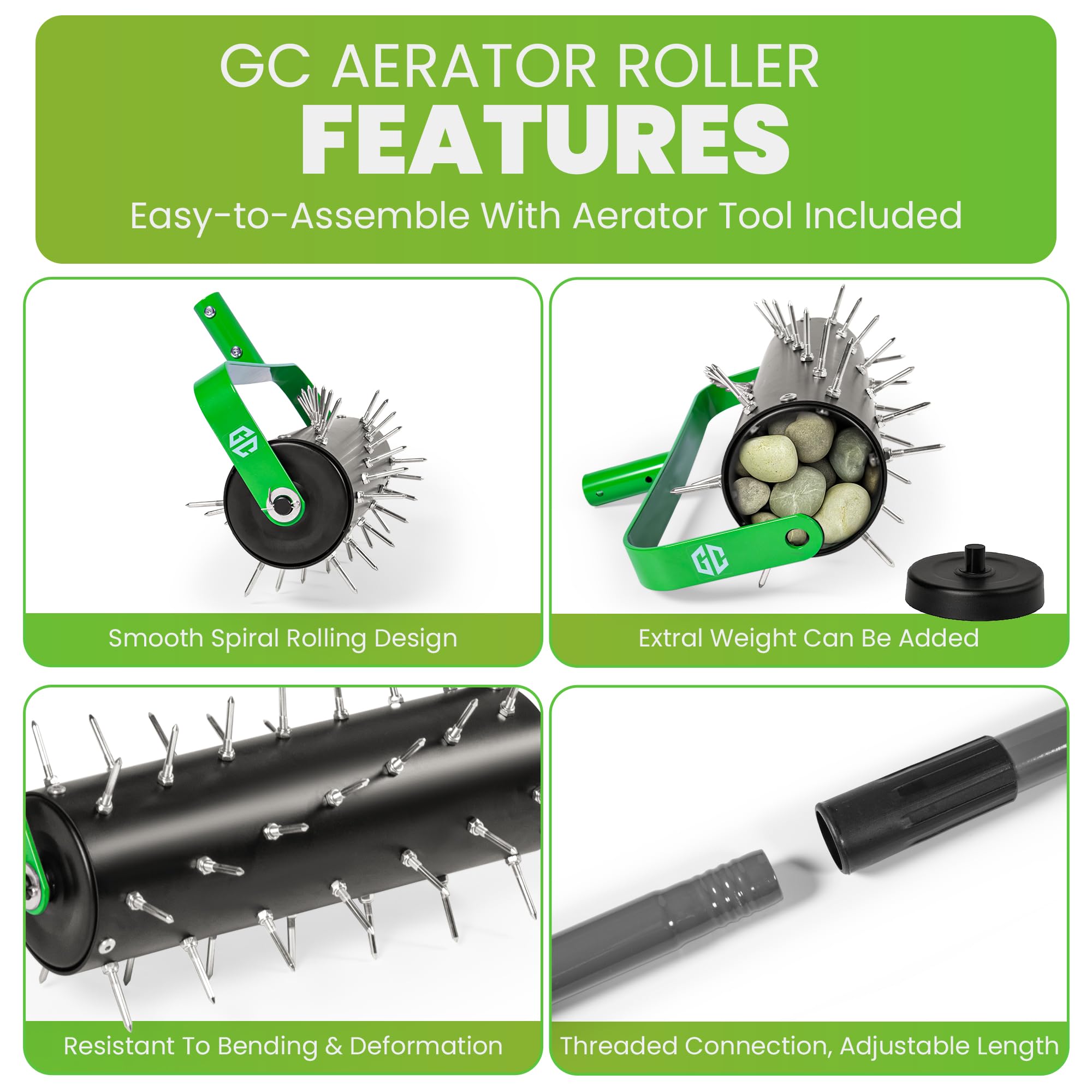 GrdnCare aerator next to measuring tape showing 57-inch width for yard coverage