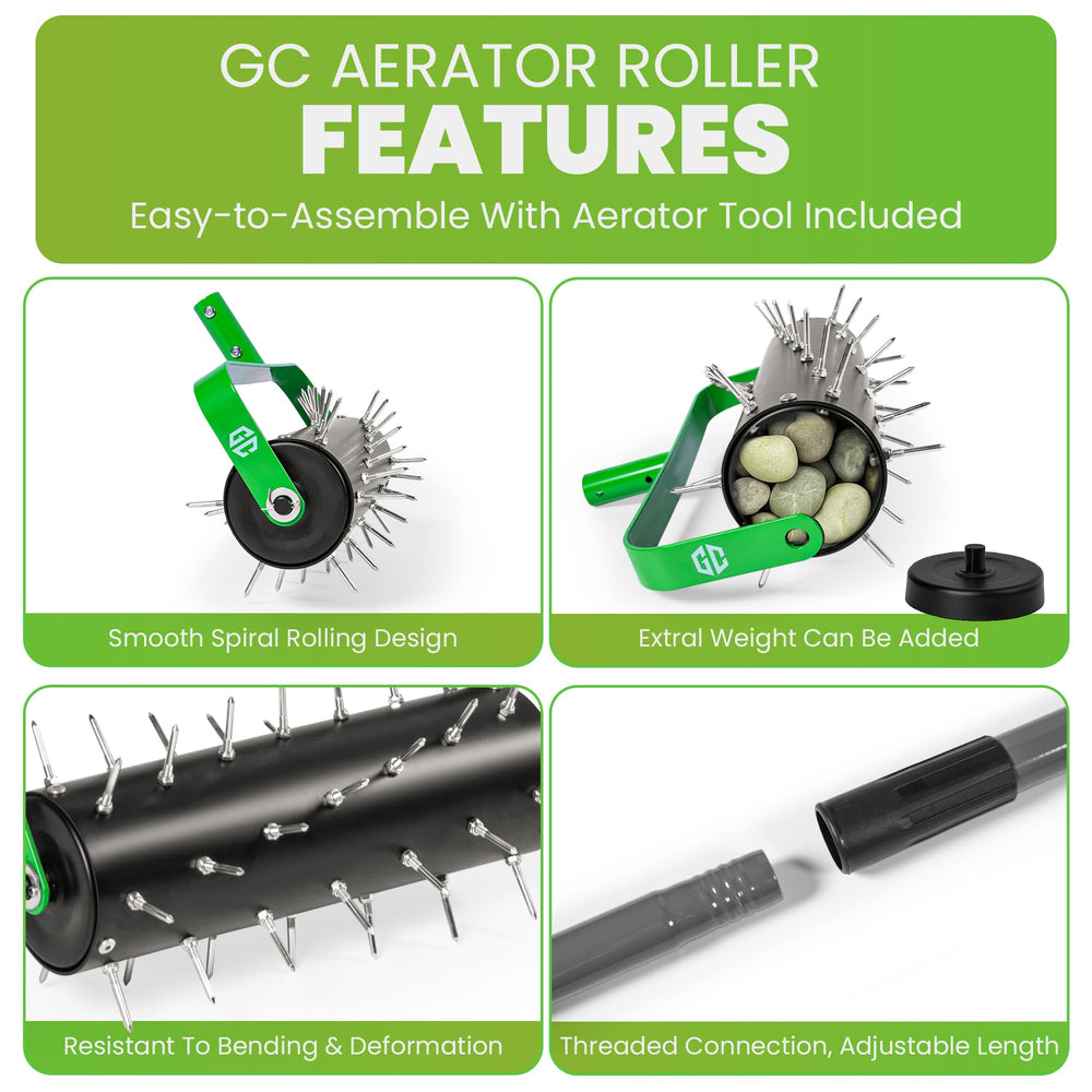 GrdnCare aerator next to measuring tape showing 57-inch width for yard coverage