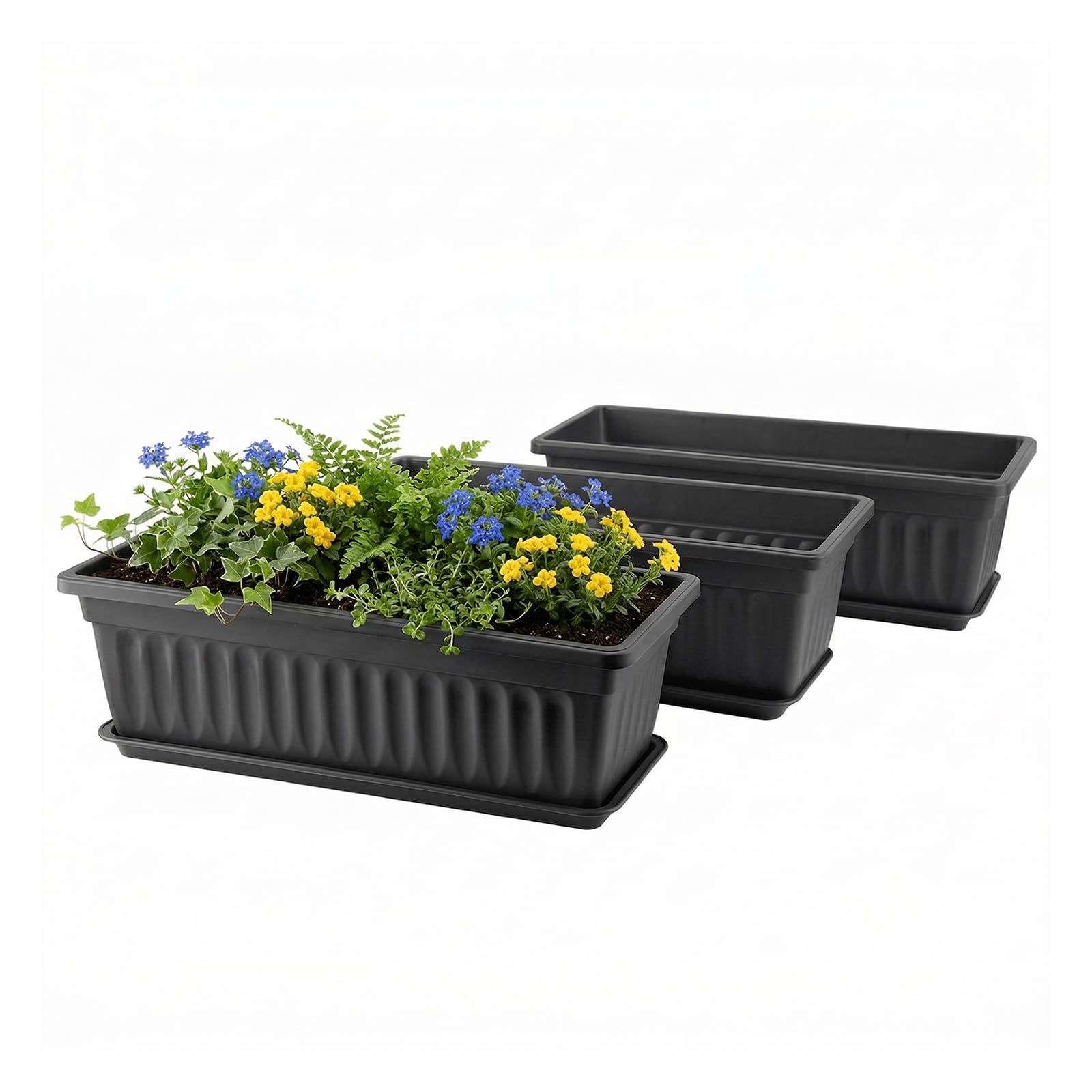 GREANER front view of three black rectangle planters showing size and shape, neat appearance