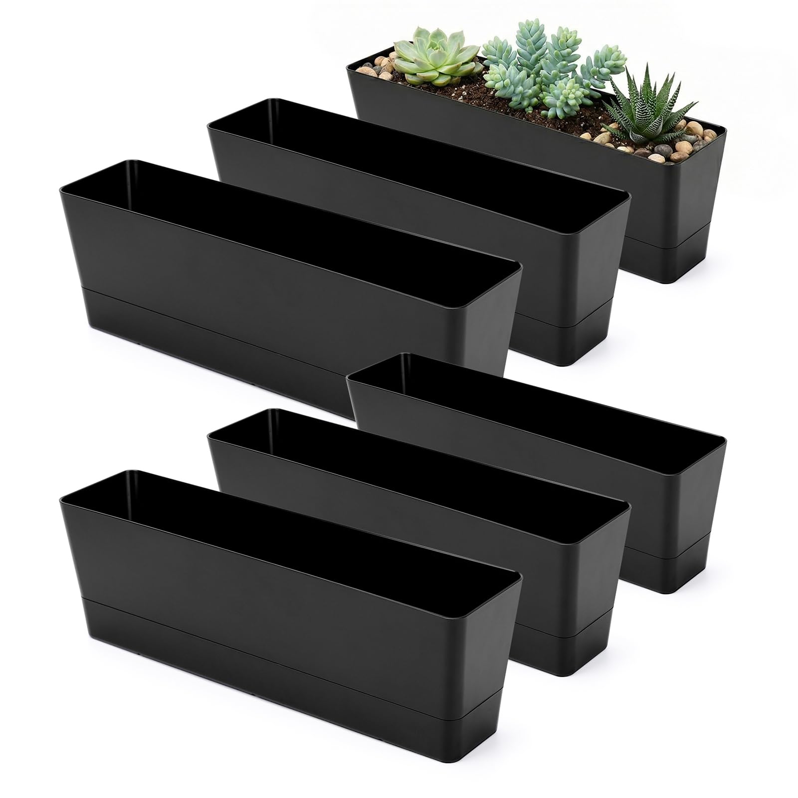 GREANER front view of six black window boxes showing neat alignment and modern look