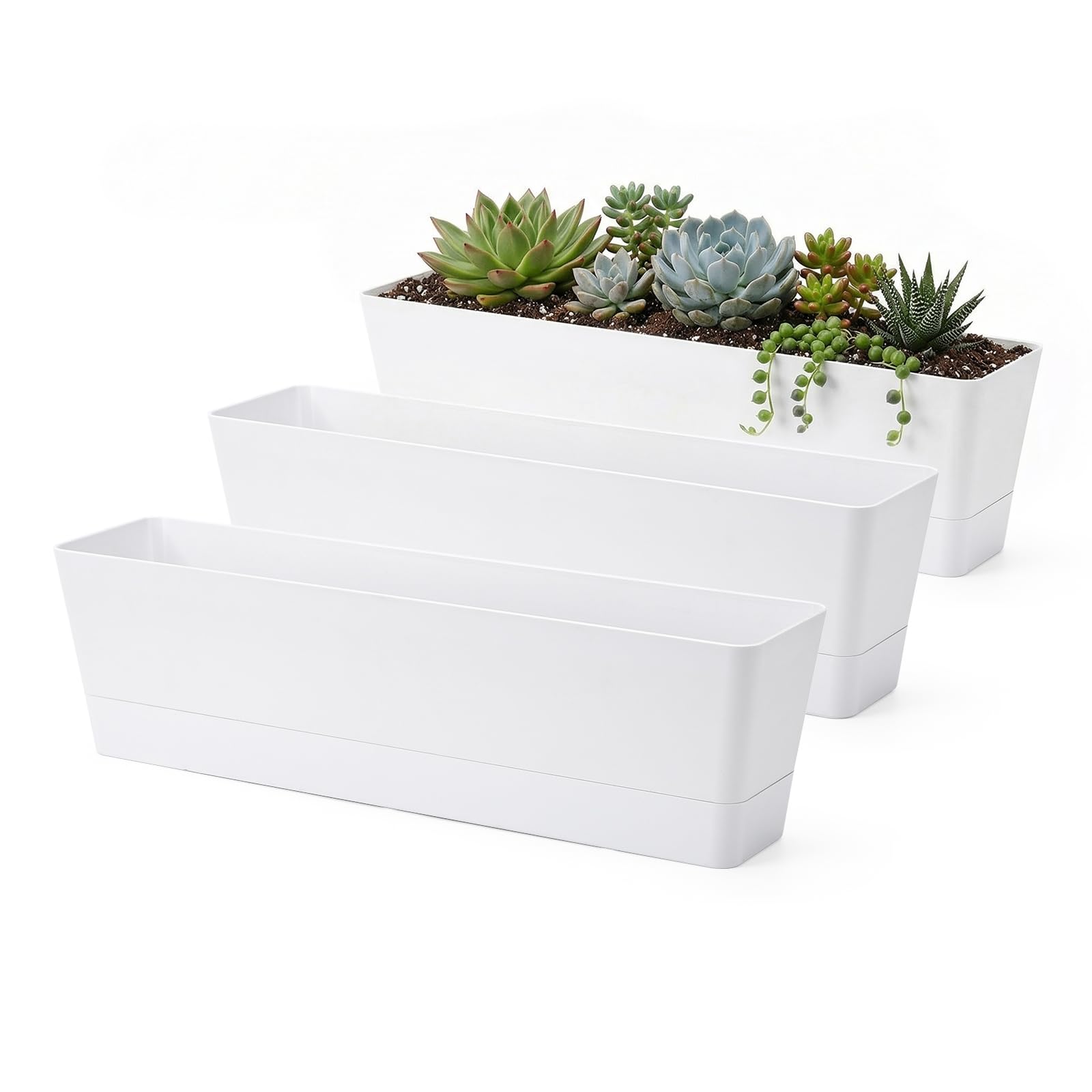 GREANER front view of white rectangular planter showing sleek modern profile and versatility