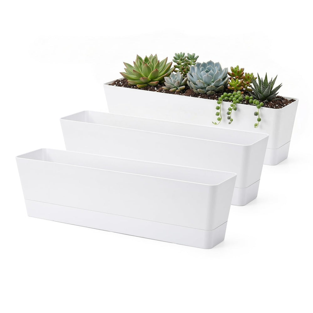GREANER front view of white rectangular planter showing sleek modern profile and versatility