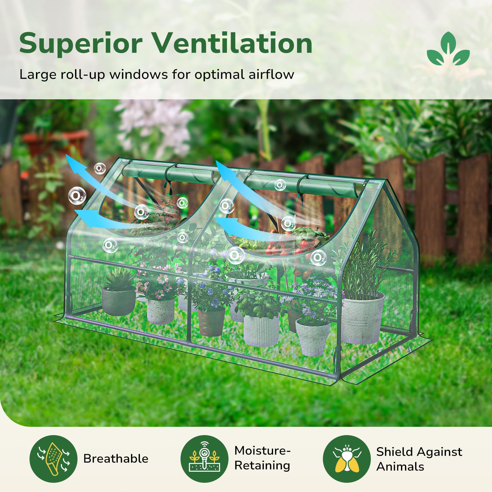 GreatBuddy zippered window open for ventilation and easy plant access benefit