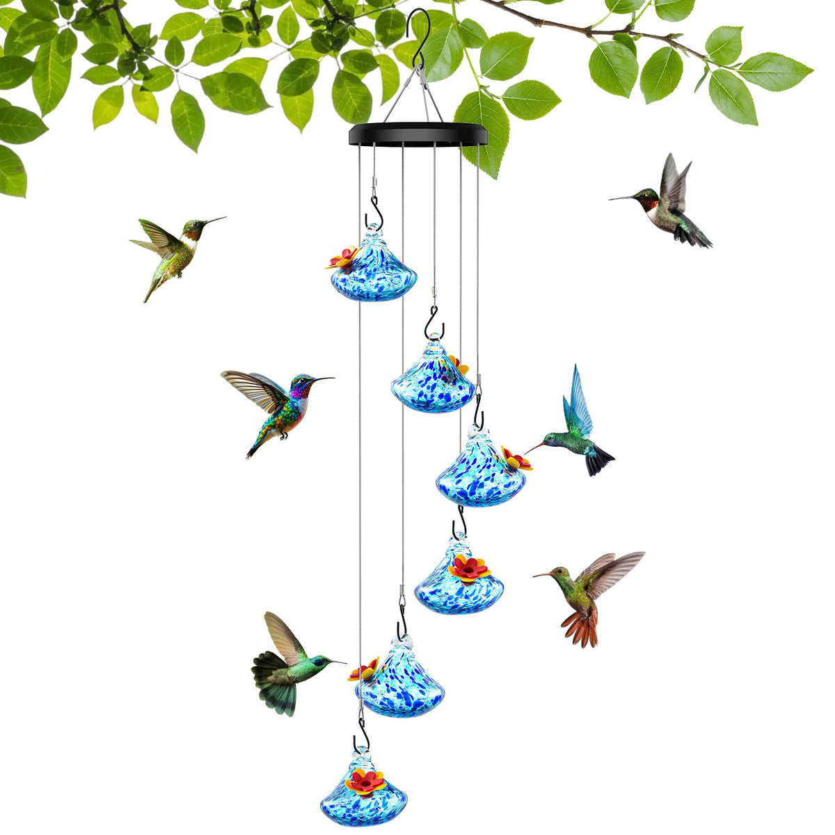 Grebilux front view blue hanging feeder shows decorative appeal and attract more birds
