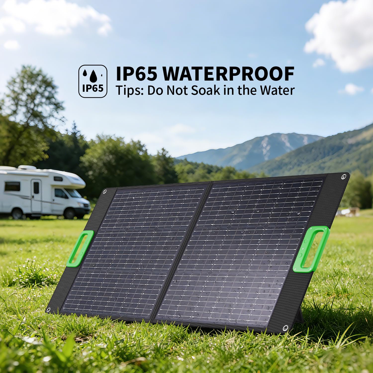 GRECELL panel with kickstands deployed showing stable angled sun positioning benefit