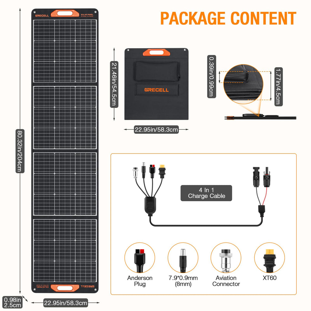GRECELL panel set up at campsite powering a generator showing outdoor, off-grid use