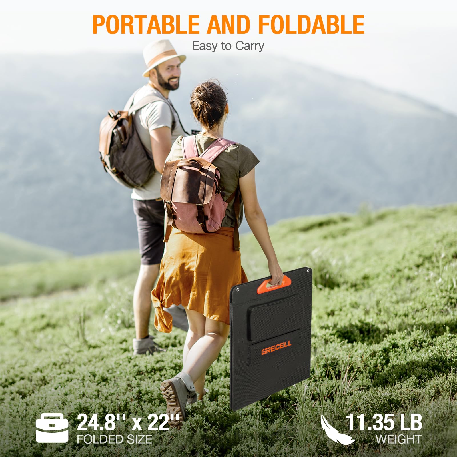 Person carrying folded GRECELL 200W panel by hand demonstrating lightweight convenience