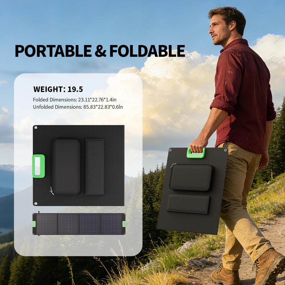 GRECELL solar panel set up beside campsite powering gear off-grid