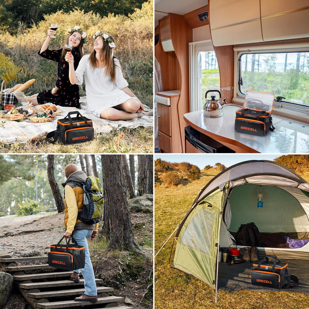 GRECELL case with power station set up at a campsite, enables portable power use