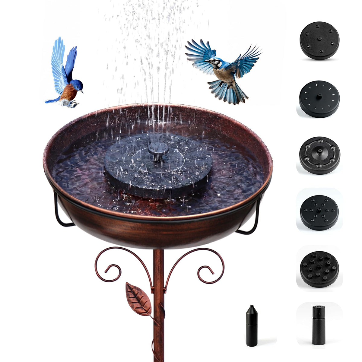 GRECOMEIN front view of bird bath fountain showing elegant bronze-green finish and stable stand