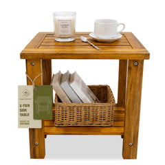 GREEN ALLUVIUM front view of acacia side table, shows sturdy outdoor design