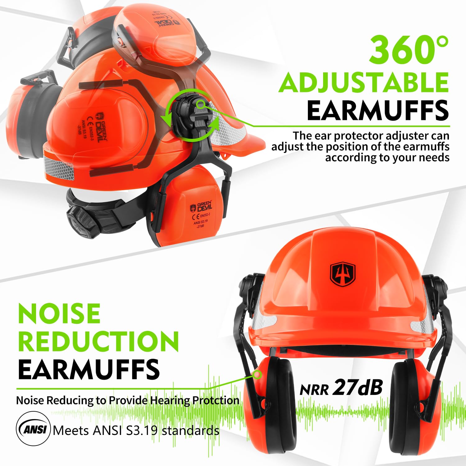 GREEN DEVIL side profile with fold-down earmuffs offering certified noise reduction benefit