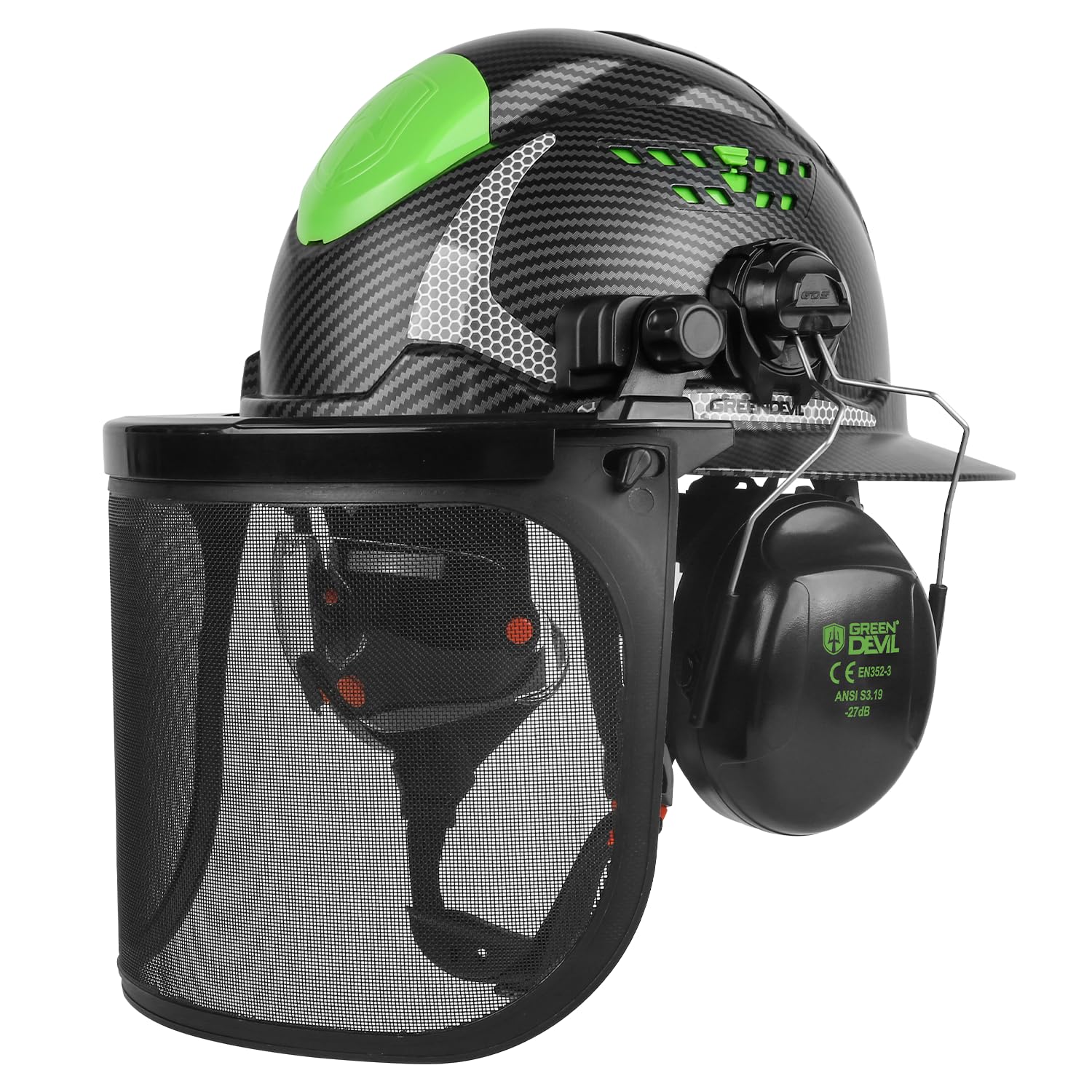 GREEN DEVIL front view full-brim helmet showing wide coverage and impact protection