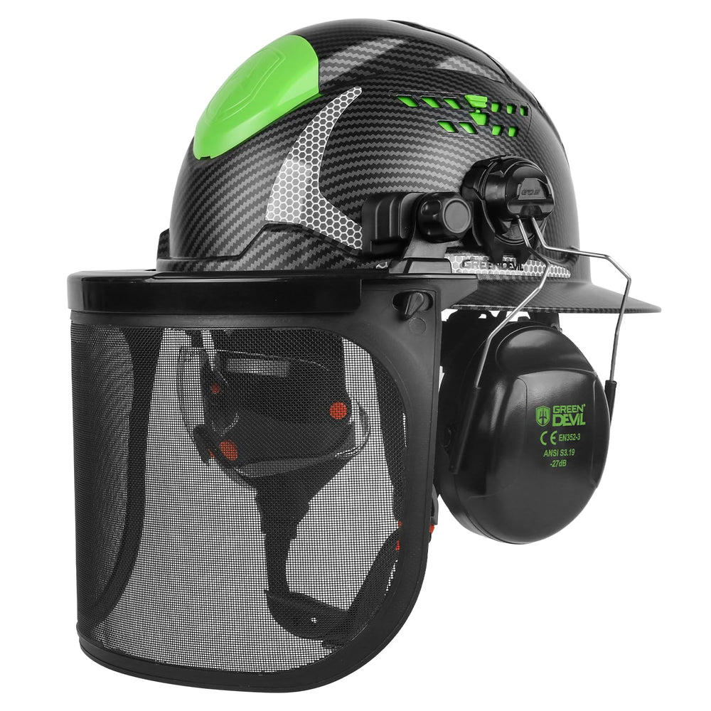 GREEN DEVIL front view full-brim helmet showing wide coverage and impact protection