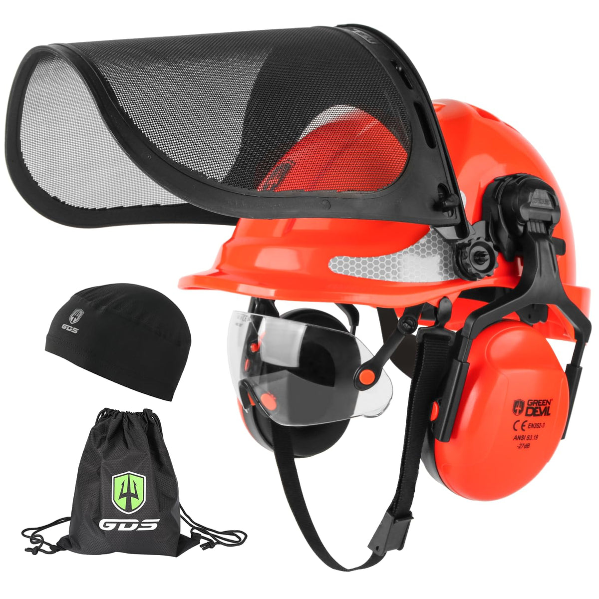 GREEN DEVIL front view helmet showing integrated visor and ear muffs for all‑around protection