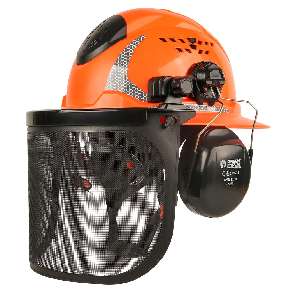 GREEN DEVIL full brim helmet front view showing broad coverage and weather protection